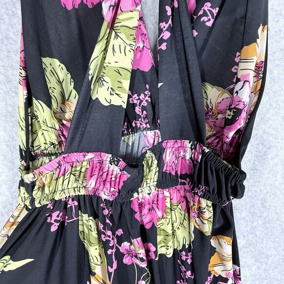 Womens Dress Sz Med Twisted Cross Back Halter Knee Length Pink Green Floral - Picture 6 of 8